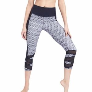 Athleta High Rise Mosaic Mantra Capri Leggings Tights Mesh Navy Blue Whi…